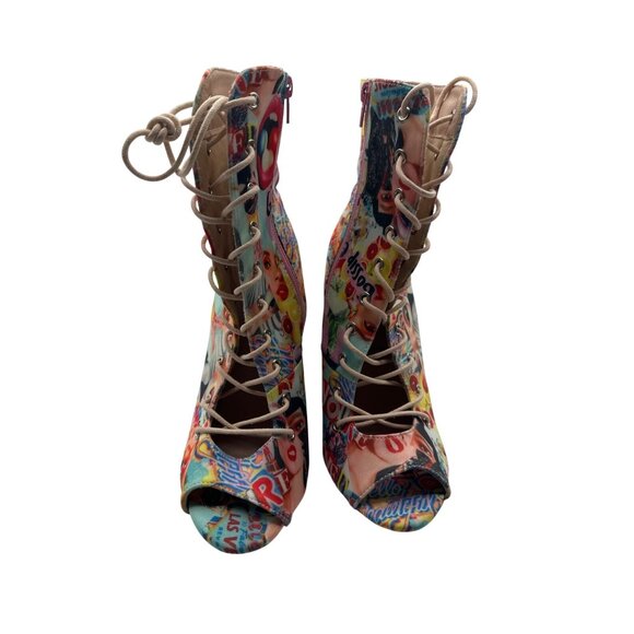Chase & Chloe Size 7 Las Vegas Print Lace-Up Peep-Toe Ankle Boots - Picture 6 of 14